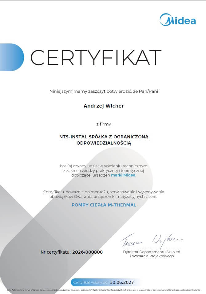 Polish certificate awarded to Andrzej Wicher by NTS-Instal for technical training on Midea air-conditioning equipment; certificate 2026/000808, valid until 30.06.2027.