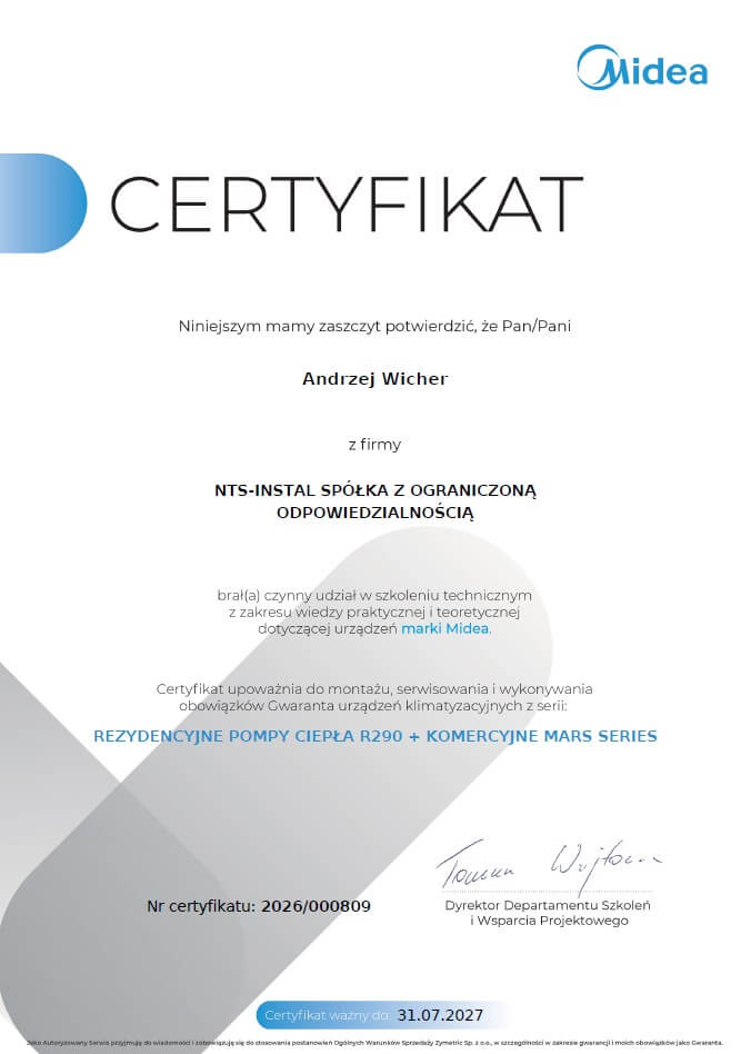 Certificate of participation issued to Andrzej Wicher from NTS-INSTAL Spółka z o.o., with Midea branding; certificate number 2026/000809, valid until 31.07.2027.