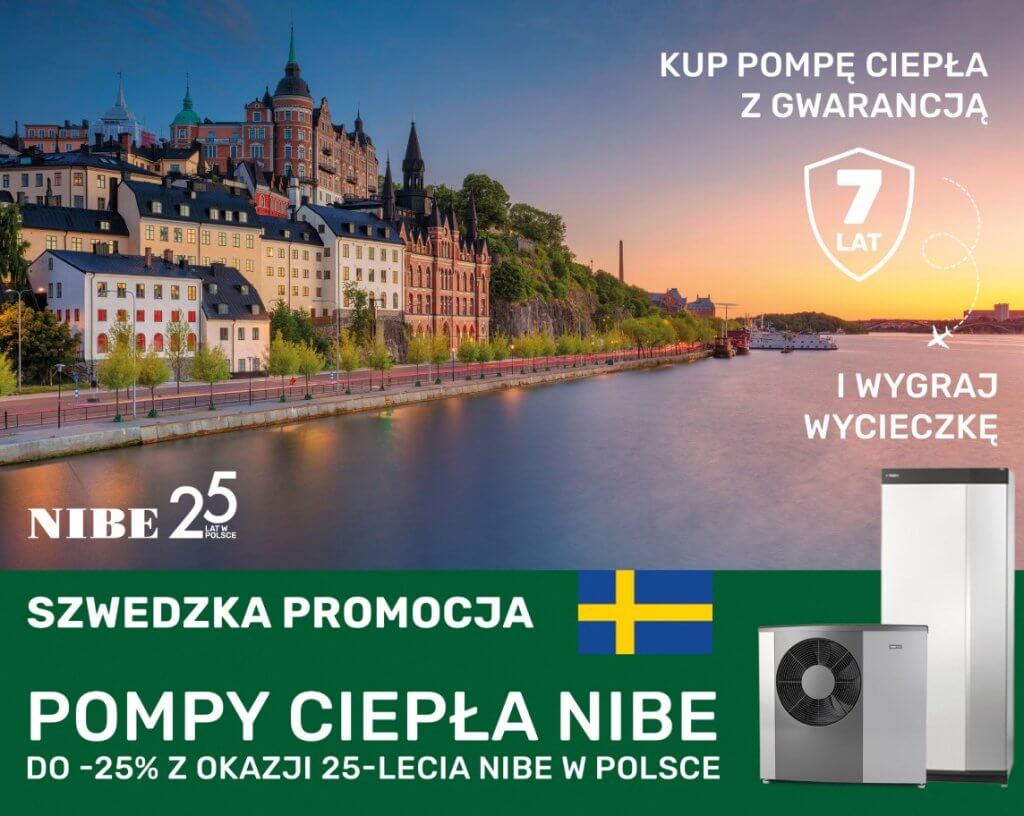 szwedzka dotacja 2026 » Centrum Instalacji grzewczych | Rekuperacji | Klimatyzacji | NTS-Instal Promotional banner for NIBE Poland advertising heat pumps up to 25% off for the company’s 25th anniversary, with a riverfront city scene and Swedish flag.