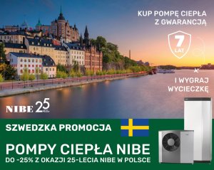 Promotional banner for NIBE Poland advertising heat pumps up to 25% off for the company’s 25th anniversary, with a riverfront city scene and Swedish flag.