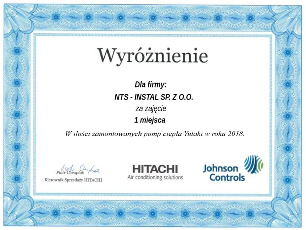 Certyfikat wyróżnienia dla NTS-INSTAL SP. Z o.o. za zajęcie 1 miejsca w 2018 roku, z logo Hitachi i Johnson Controls na dole.