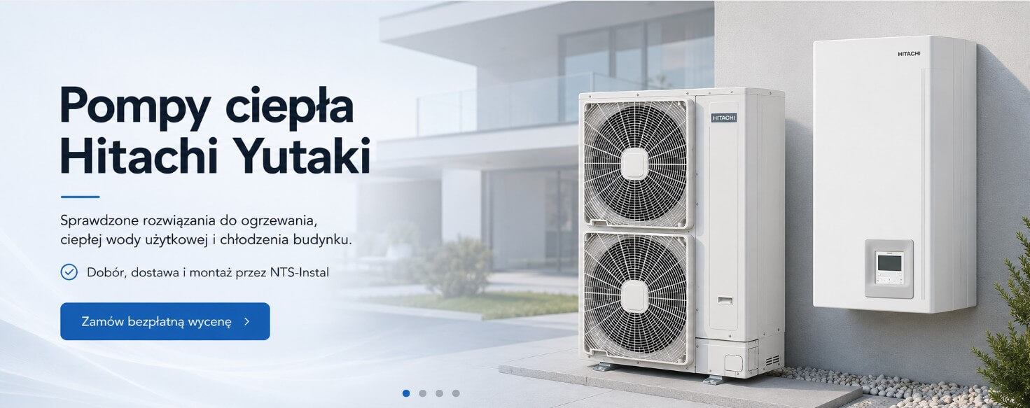 LG » Centrum Instalacji grzewczych | Rekuperacji | Klimatyzacji | NTS-Instal Banner for Hitachi Yutaki heat pumps: modern house exterior with two outdoor units and a wall controller on the right, plus Polish headline texts.