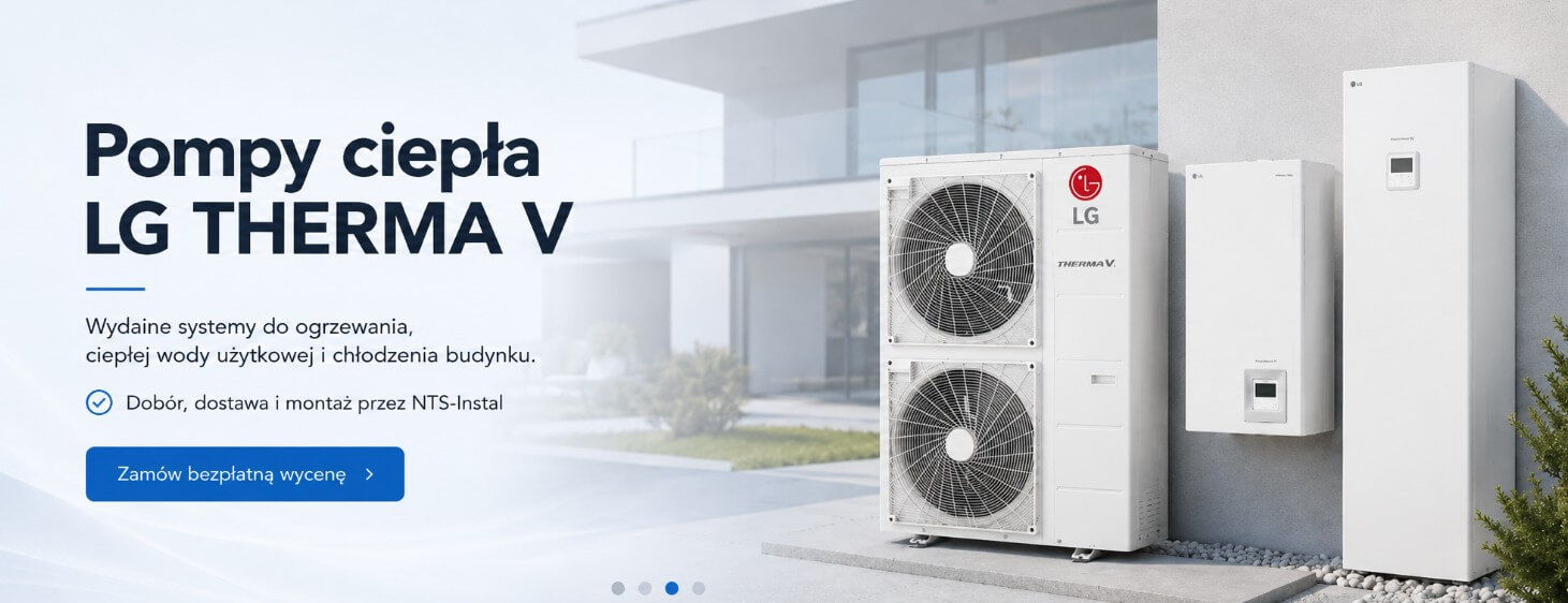 LG1 » Centrum Instalacji grzewczych | Rekuperacji | Klimatyzacji | NTS-Instal LG Therma V heat pump outdoor units installed outside a modern house, part of a heating system advertisement.