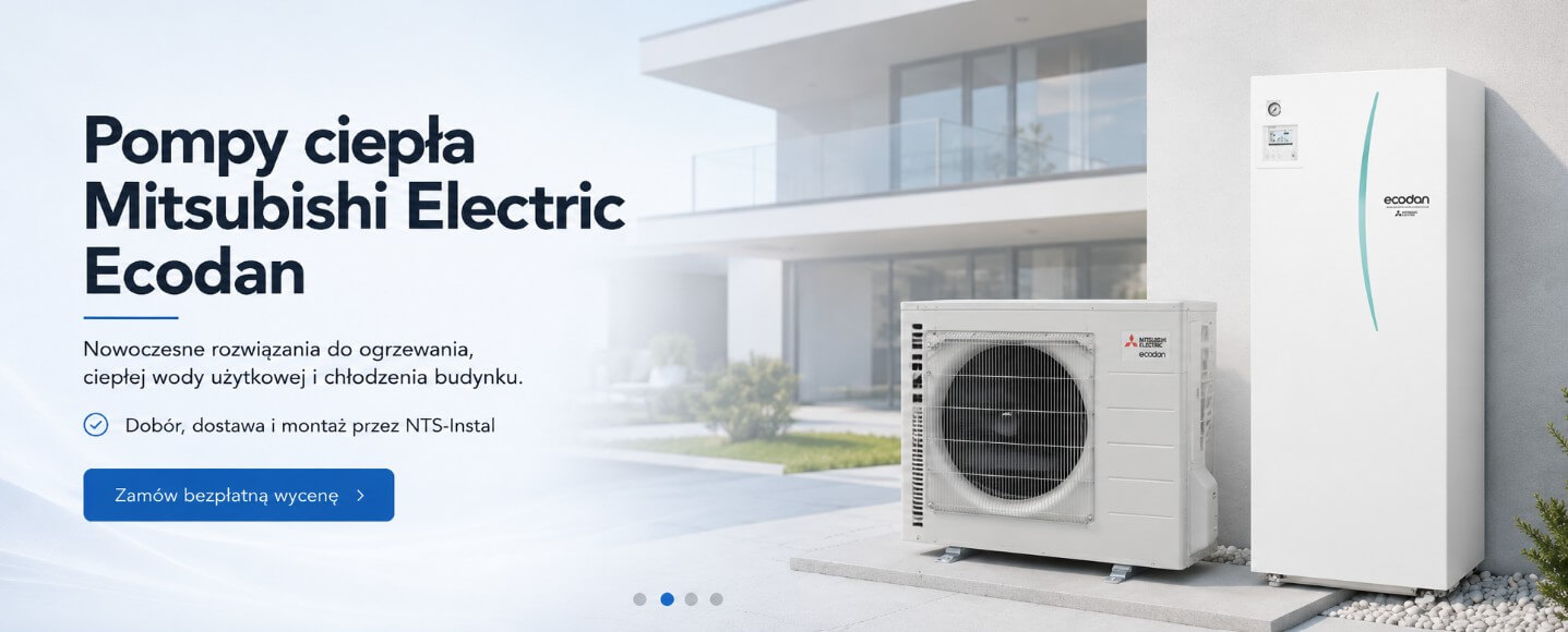 ME » Centrum Instalacji grzewczych | Rekuperacji | Klimatyzacji | NTS-Instal Hero image showing Mitsubishi Electric Ecodan heat pumps outside a modern house; Polish headline 'Pompy ciepła Mitsubishi Electric Ecodan' with a blue call-to-action button below.