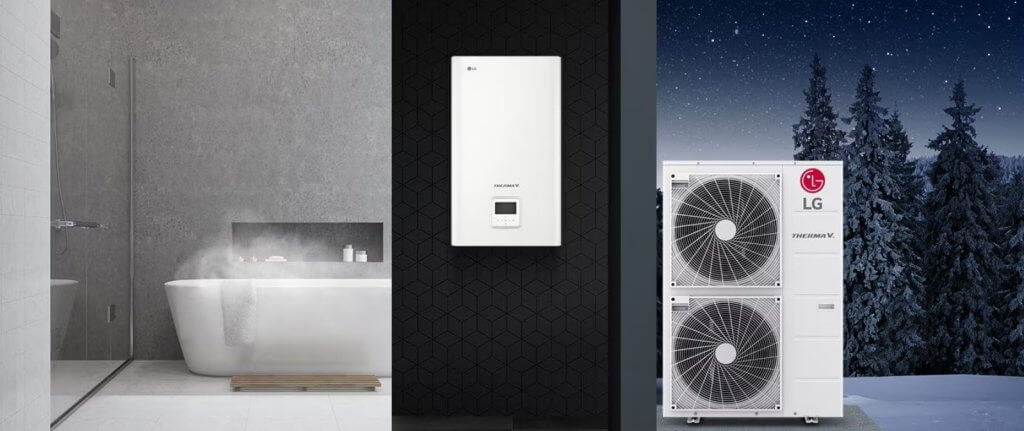 lg_jednostki modele » Centrum Instalacji grzewczych | Rekuperacji | Klimatyzacji | NTS-Instal » Centrum Instalacji grzewczych | Rekuperacji | Klimatyzacji | NTS-Instal Modern home heating setup: bathroom with freestanding tub, wall-mounted boiler on a black hex tile wall, and outdoor LG Therma V heat pump in a snowy landscape.