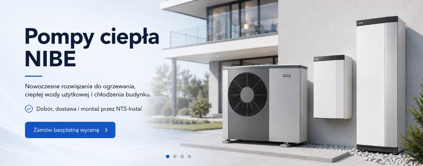 nibe » Centrum Instalacji grzewczych | Rekuperacji | Klimatyzacji | NTS-Instal Hero image advertising NIBE heat pumps: outdoor units beside a modern house with a blue "Zamów bezpłatną wycenę" button.