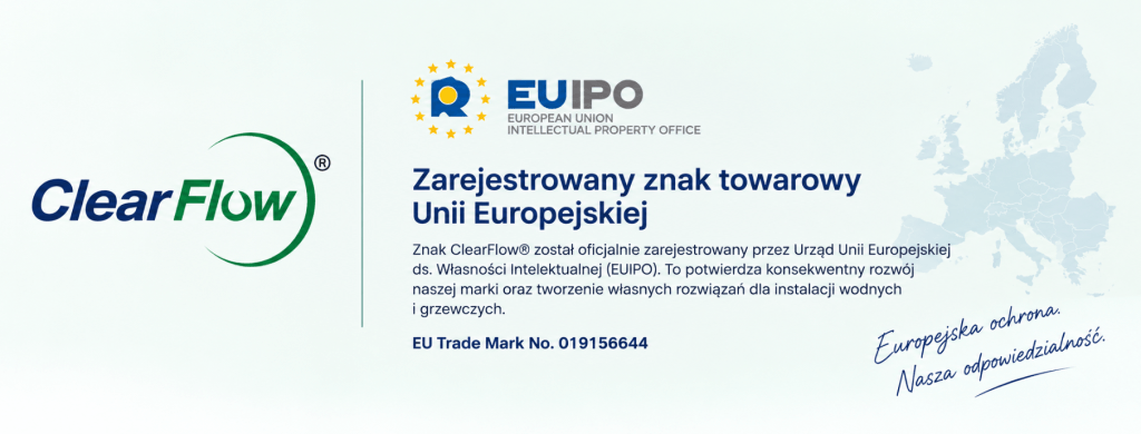 Banner showing the ClearFlow logo on the left, EUIPO logo in the center, Polish text about a registered EU trademark (EU Trade Mark No. 019156644), a Europe map on the right, and a handwritten slogan.