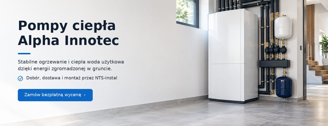 nts-pompa-gruntowa-alpha-innotec » Centrum Instalacji grzewczych | Rekuperacji | Klimatyzacji | NTS-Instal Baner NTS-Instal: gruntowa pompa ciepła Alpha Innotec w jasnym pomieszczeniu technicznym; informacja o montażu i bezpłatnej wycenie.