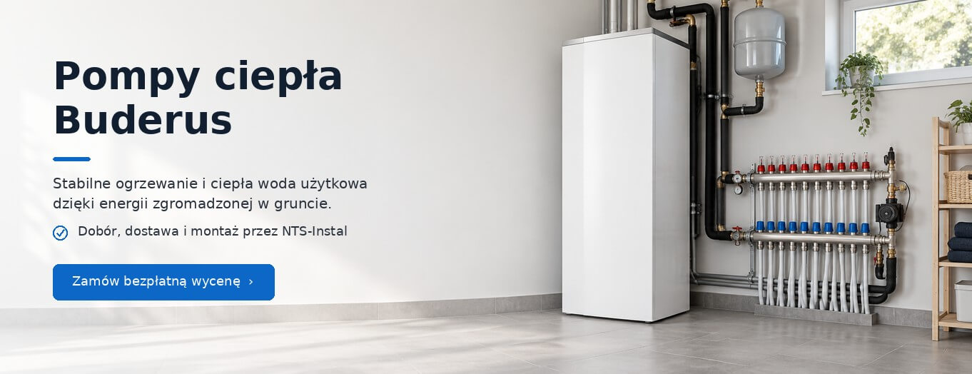 nts-pompa-gruntowa-buderus » Centrum Instalacji grzewczych | Rekuperacji | Klimatyzacji | NTS-Instal Baner NTS-Instal: gruntowa pompa ciepła Buderus w jasnej kotłowni; tekst o ogrzewaniu i bezpłatnej wycenie.
