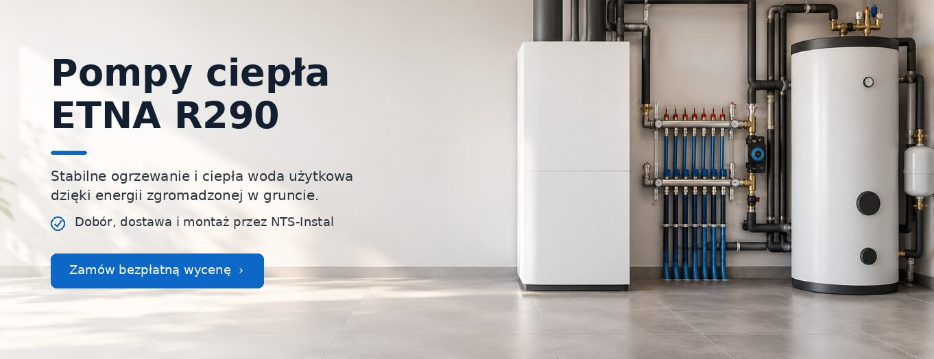 nts-pompa-gruntowa-etna-r290 » Centrum Instalacji grzewczych | Rekuperacji | Klimatyzacji | NTS-Instal Baner NTS-Instal: gruntowa pompa ciepła ETNA R290 w jasnej kotłowni z instalacją grzewczą.