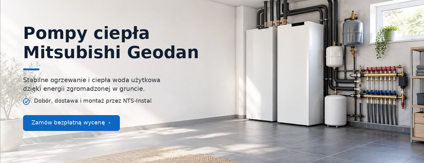 nts-pompa-gruntowa-mitsubishi-geodan » Centrum Instalacji grzewczych | Rekuperacji | Klimatyzacji | NTS-Instal Baner NTS-Instal: gruntowa pompa ciepła Mitsubishi Geodan w jasnym pomieszczeniu technicznym.